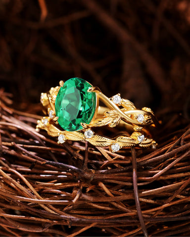 SUSAN Oval Cut Emerald Bridal Ring Set Nature Inspired Leaf Wedding Ring Set