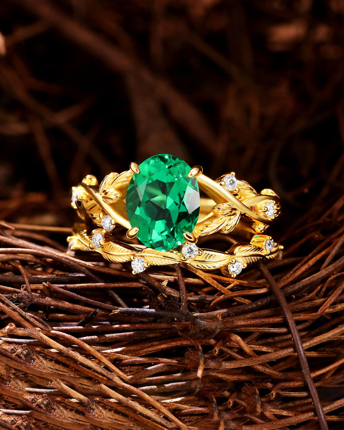 SUSAN Oval Cut Emerald Bridal Ring Set Nature Inspired Leaf Wedding Ring Set