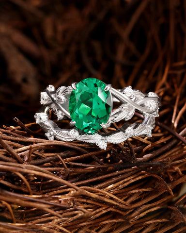 SUSAN Oval Cut Emerald Bridal Ring Set Nature Inspired Leaf Wedding Ring Set