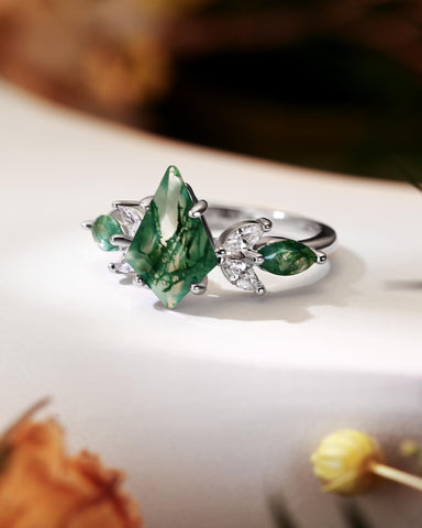 REBECCA Kite Cut Moss Agate Mixed Marquise Moissanite Cluster Engagement Ring