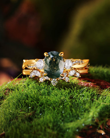CALLUNA Twisted Oval Cut Moss Agate Engagement Ring Set 2pcs