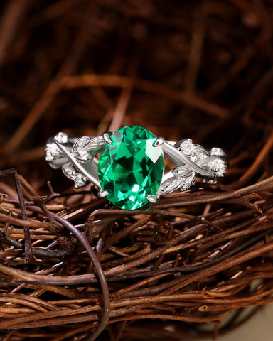 OLIVE Oval Cut Emerald Branch Inspired Leafy Engagement Ring