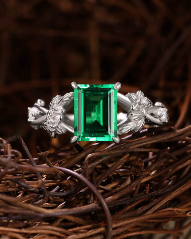 THALIA Garden Inspired Emerald Cut Emerald Engagement Ring