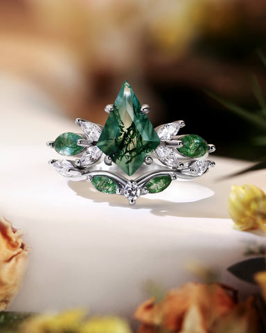 ZOEY Unique Kite Cut Moss Agate Cluster Engagement Ring Set