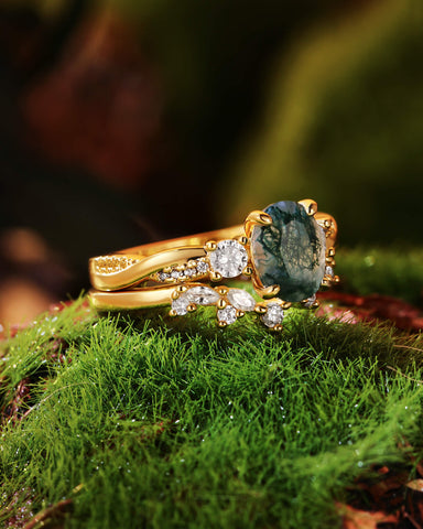 CALLUNA Twisted Oval Cut Moss Agate Engagement Ring Set 2pcs