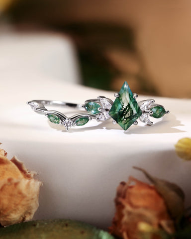 ZOEY Unique Kite Cut Moss Agate Cluster Engagement Ring Set