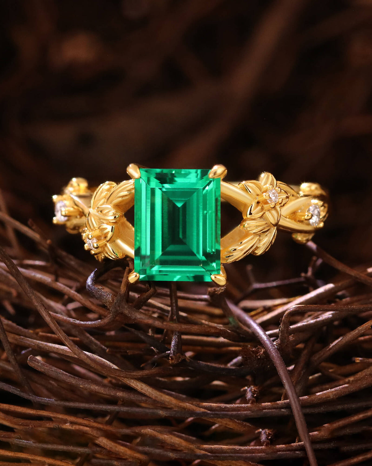 THALIA Garden Inspired Emerald Cut Emerald Engagement Ring
