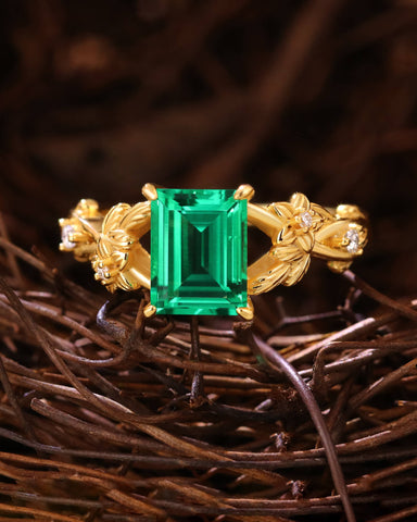 THALIA Garden Inspired Emerald Cut Emerald Engagement Ring