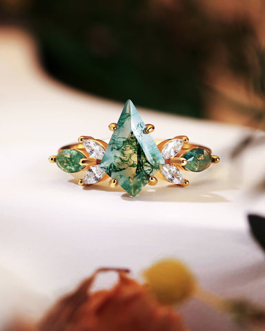 REBECCA Kite Cut Moss Agate Mixed Marquise Moissanite Cluster Engagement Ring