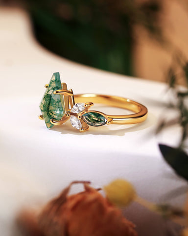 REBECCA Kite Cut Moss Agate Mixed Marquise Moissanite Cluster Engagement Ring