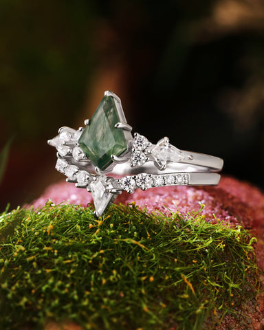 SIENNA Kite Cut Moss Agate Bridal Ring Set Nature Inspired Unique Ring Set