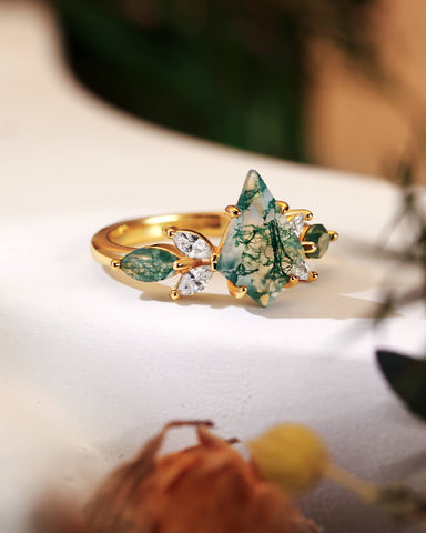 REBECCA Kite Cut Moss Agate Mixed Marquise Moissanite Cluster Engagement Ring