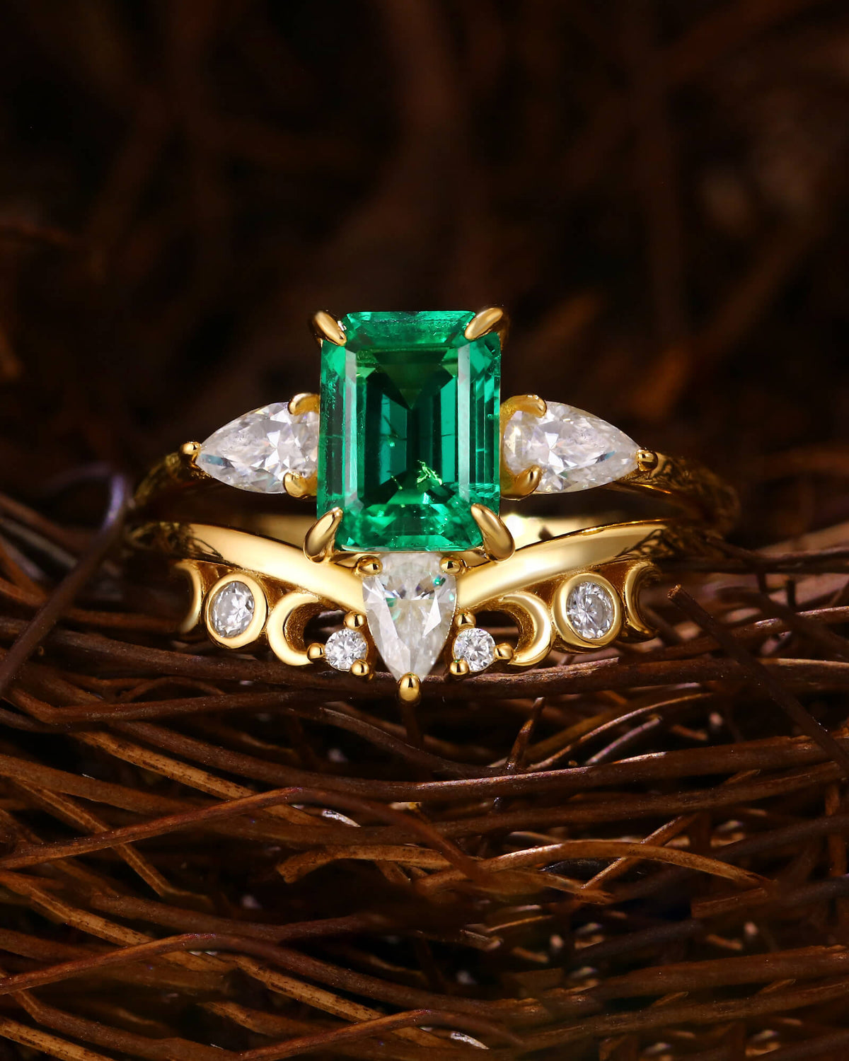 Marama Vintage Bridal Ring Set Emerald Engagement Ring with Moon and Sun Band