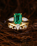 Marama Vintage Bridal Ring Set Emerald Engagement Ring with Moon and Sun Band