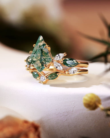 ZOEY Unique Kite Cut Moss Agate Cluster Engagement Ring Set