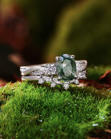 CALLUNA Twisted Oval Cut Moss Agate Engagement Ring Set 2pcs