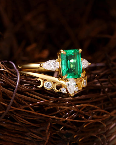 Marama Vintage Bridal Ring Set Emerald Engagement Ring with Moon and Sun Band