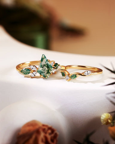 ZOEY Unique Kite Cut Moss Agate Cluster Engagement Ring Set