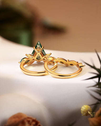 ZOEY Unique Kite Cut Moss Agate Cluster Engagement Ring Set