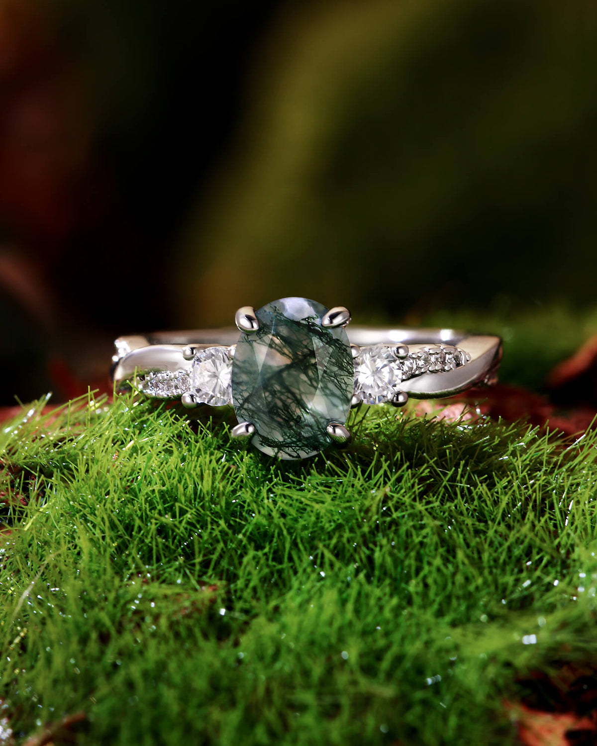 CALLUNA Three Stone Twisted Oval Cut Moss Agate Engagement Ring