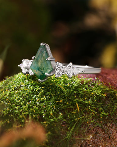 DARCIE Kite Cut Moss Agate Engagement Ring With Moissanite Side Stone