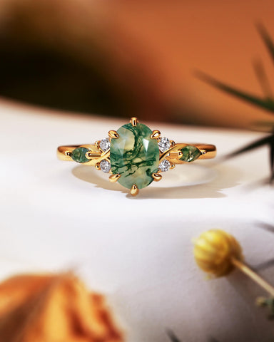 KAELIN Unique Oval Moss Agate Twist Ring Engagement Ring