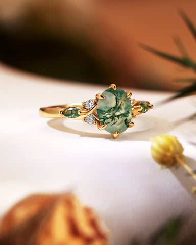 KAELIN Unique Oval Moss Agate Twist Ring Engagement Ring