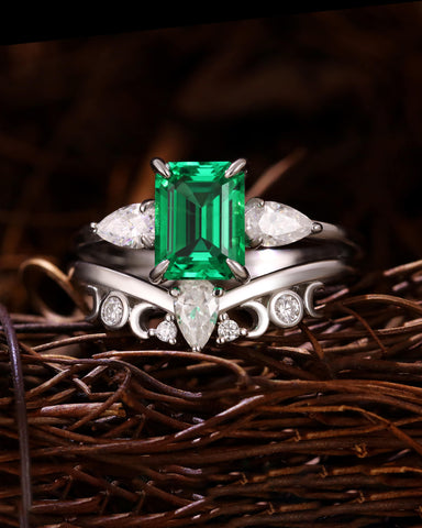 Marama Vintage Bridal Ring Set Emerald Engagement Ring with Moon and Sun Band