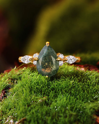 LIAZA Natural Moss Agate Pear Shaped Engagement Ring