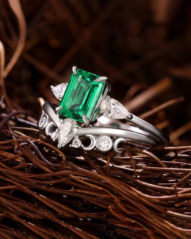 Marama Vintage Bridal Ring Set Emerald Engagement Ring with Moon and Sun Band