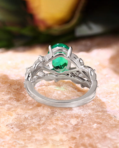 SUSAN Oval Cut Emerald Bridal Ring Set Nature Inspired Leaf Wedding Ring Set