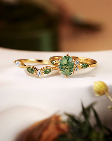 WINONA Oval Moss Agate Engagement Ring Set Cluster Moissanite Moss Agate Bridal Set