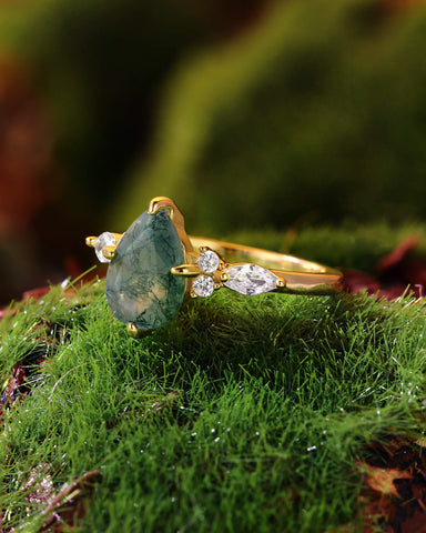 LIAZA Natural Moss Agate Pear Shaped Engagement Ring