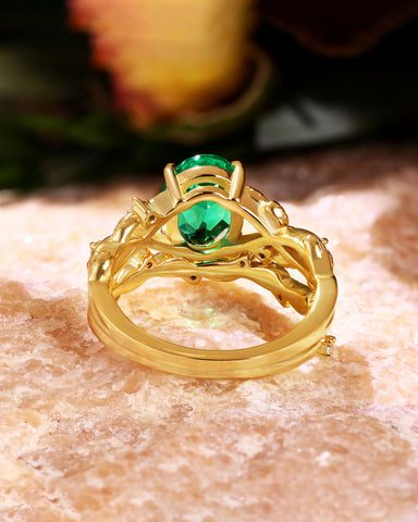 SUSAN Oval Cut Emerald Bridal Ring Set Nature Inspired Leaf Wedding Ring Set