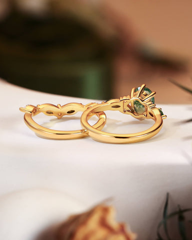 WINONA Oval Moss Agate Engagement Ring Set Cluster Moissanite Moss Agate Bridal Set