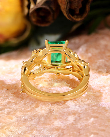 AVELINE Nature Inspired Emerald Cut Emerald Leafy Fairy Ring Set