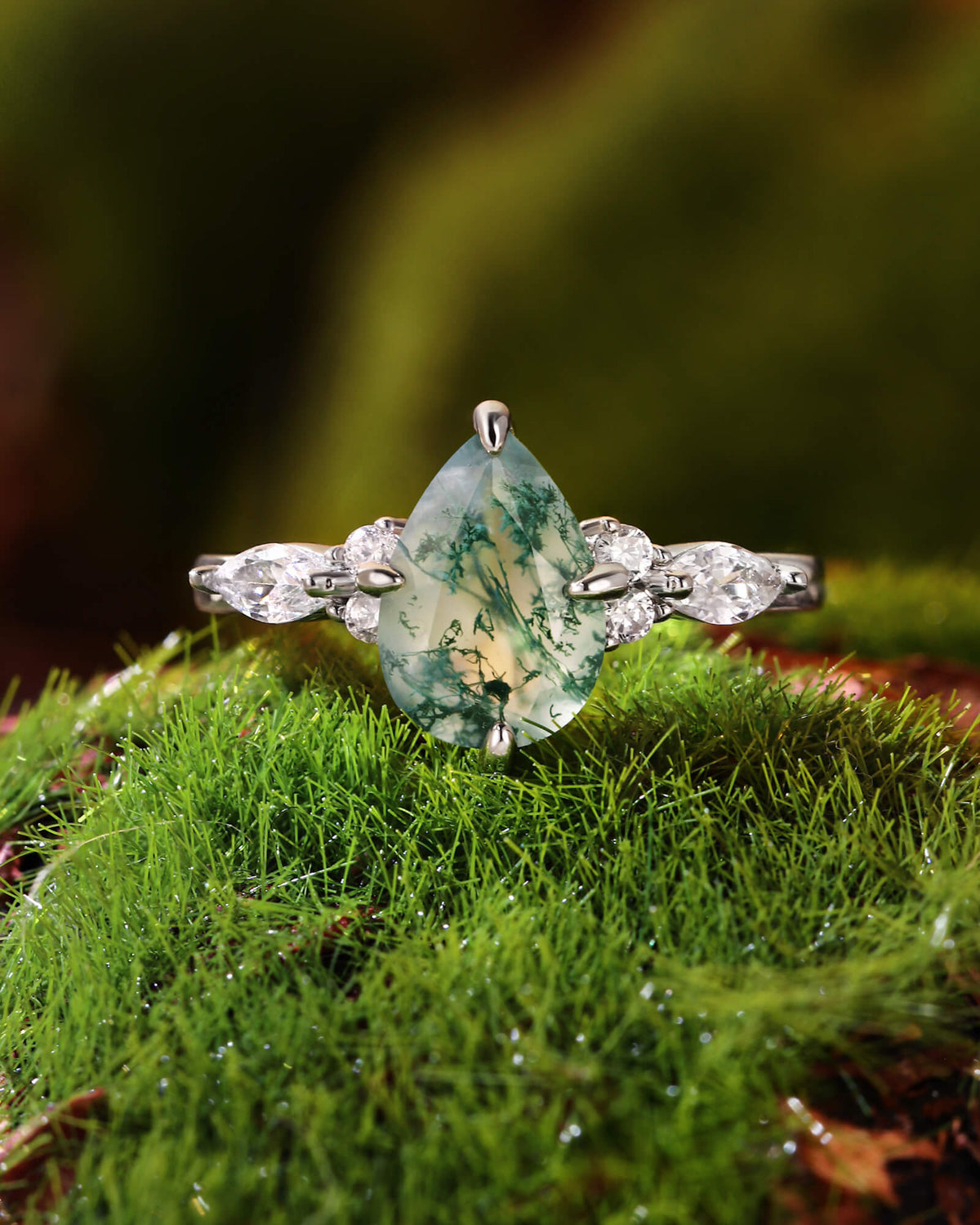 LIAZA Natural Moss Agate Pear Shaped Engagement Ring