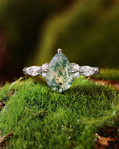 LIAZA Natural Moss Agate Pear Shaped Engagement Ring