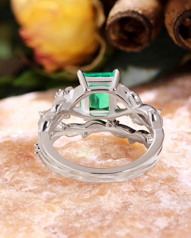AVELINE Nature Inspired Emerald Cut Emerald Leafy Fairy Ring Set