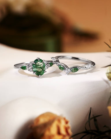 WINONA Oval Moss Agate Engagement Ring Set Cluster Moissanite Moss Agate Bridal Set