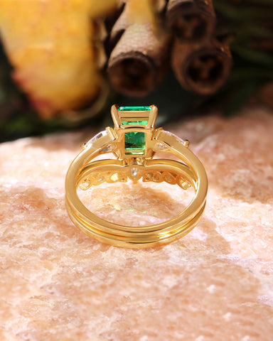 Marama Vintage Bridal Ring Set Emerald Engagement Ring with Moon and Sun Band
