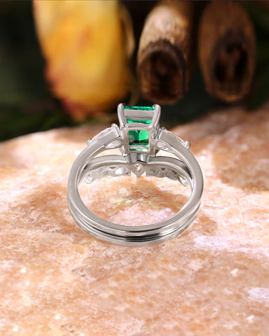 Marama Vintage Bridal Ring Set Emerald Engagement Ring with Moon and Sun Band