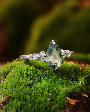LIAZA Natural Moss Agate Pear Shaped Engagement Ring