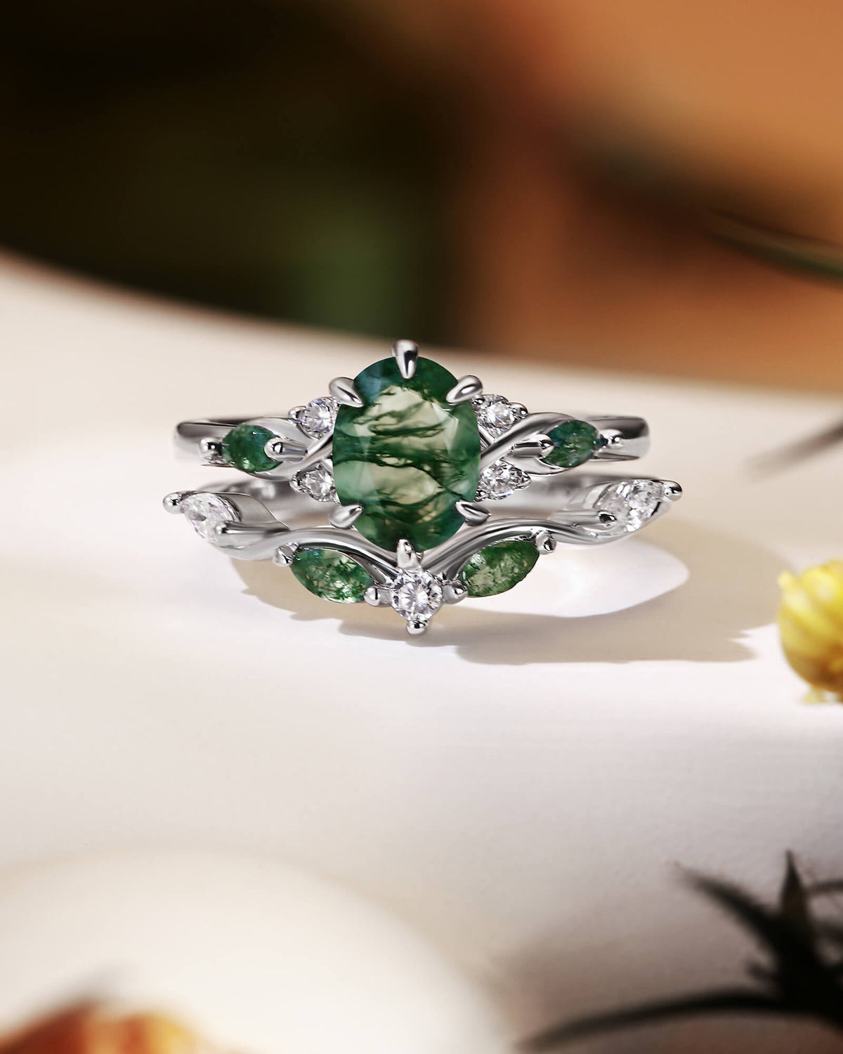 WINONA Oval Moss Agate Engagement Ring Set Cluster Moissanite Moss Agate Bridal Set