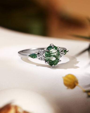KAELIN Unique Oval Moss Agate Twist Ring Engagement Ring