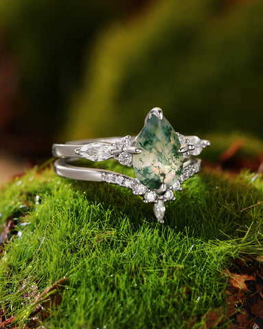 ARBELLA Pear Moss Agate Moissanite Side Stones Wedding Ring Set