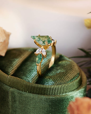 REBECCA Kite Cut Moss Agate Mixed Marquise Moissanite Cluster Engagement Ring