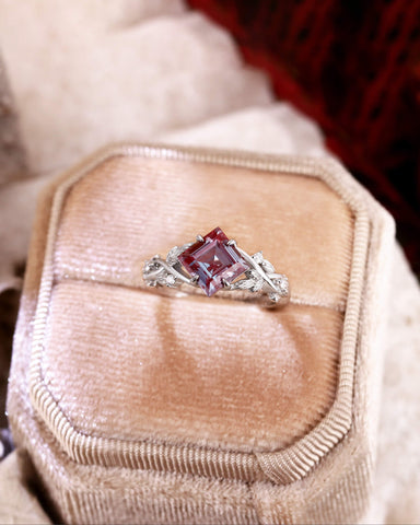 GAIA Princess Cut Alexandrite Crossed Leaves Engagement Ring