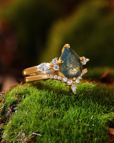 ARBELLA Pear Moss Agate Moissanite Side Stones Wedding Ring Set