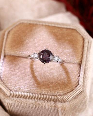 SOLIVINE Round Cut Alexandrite Moissanite Two Side Stones Engagement Ring